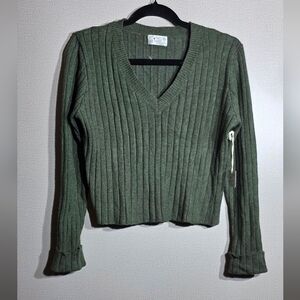 Poof! Olive Green Ribbed V-Neck Sweater